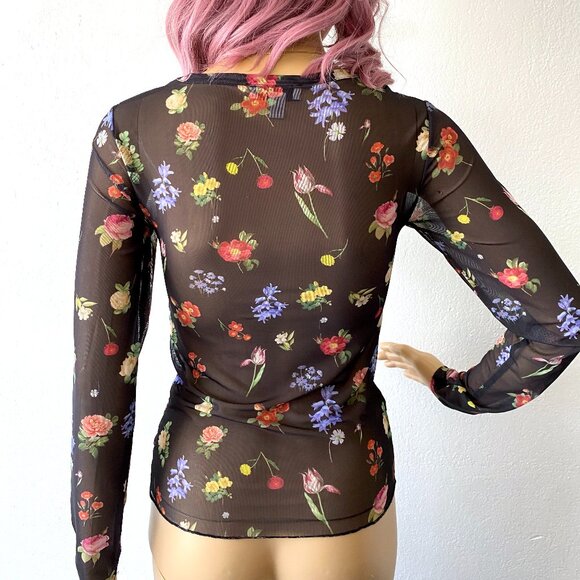 Mesh Long Sleeve Floral Blouse Sheer Ruched Top Grunge Sexy Lightweight Stretch - Picture 7 of 7